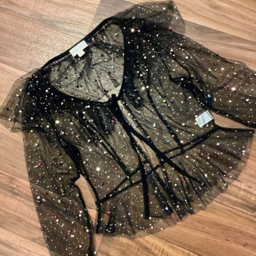Honey Punch Black Sheer Mesh Pearl Embellished Peplum Tie Front Top Small - Picture 2 of 8